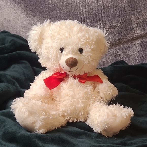 Cream 15x8" Teddy Bear with Red Bow - Picture 1 of 10